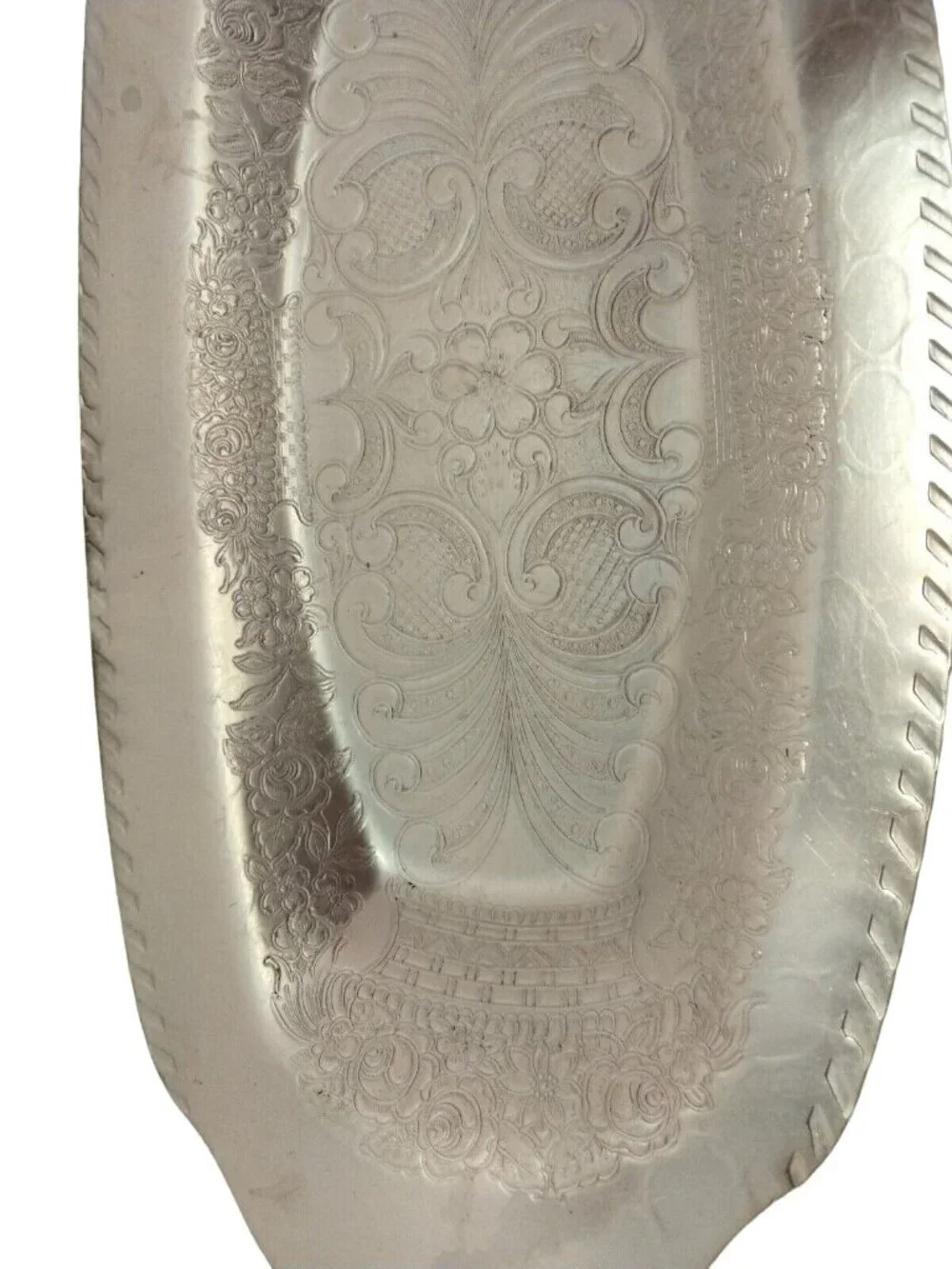 Oval Hammered Aluminum Curved Tray Platter Plate Dish Floral Scroll Design